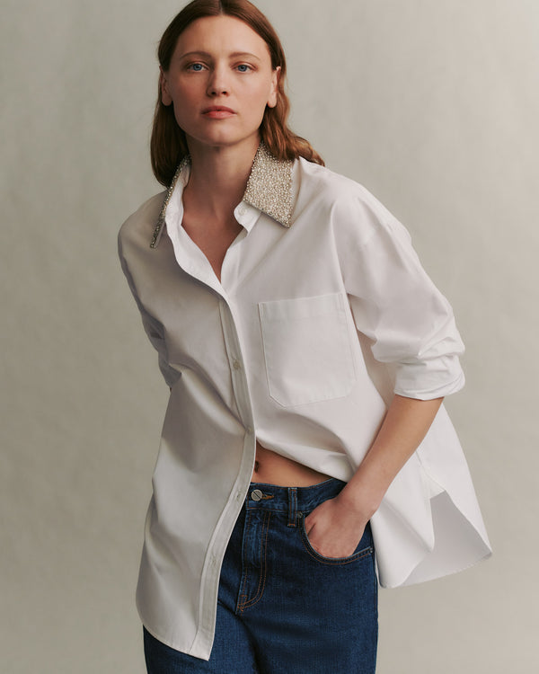 TWP White Big Joe Shirt with Crystal Collar in Cotton Shirting view 4