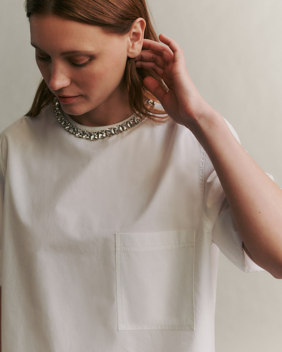 TWP White Oversized T with Crystal Collar in Militi Shirting view 4
