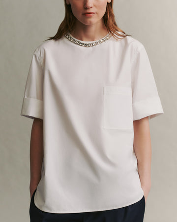 TWP White Oversized T with Crystal Collar in Militi Shirting view 2