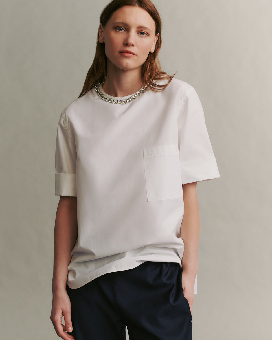 TWP White Oversized T with Crystal Collar in Militi Shirting view 5
