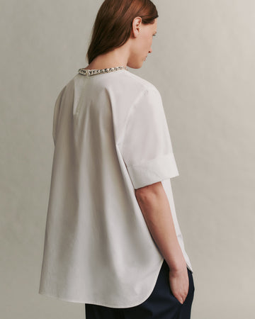 TWP White Oversized T with Crystal Collar in Militi Shirting view 6