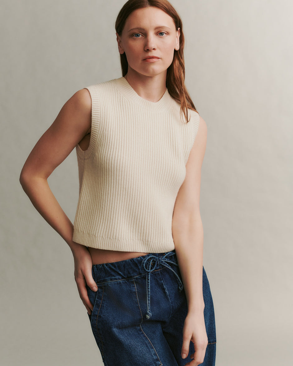 TWP Ivory Ribbed Vest in Cashmere view 3
