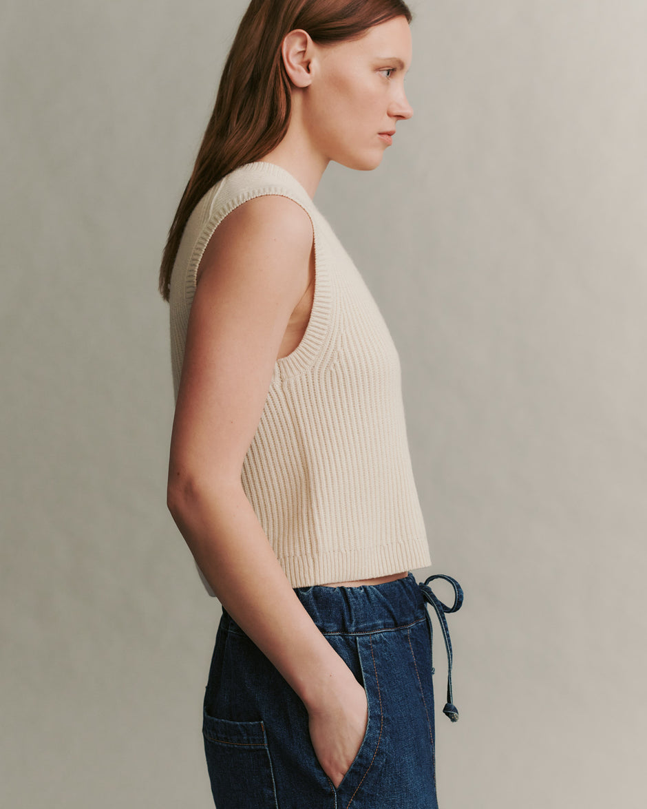 TWP Ivory Ribbed Vest in Cashmere view 6