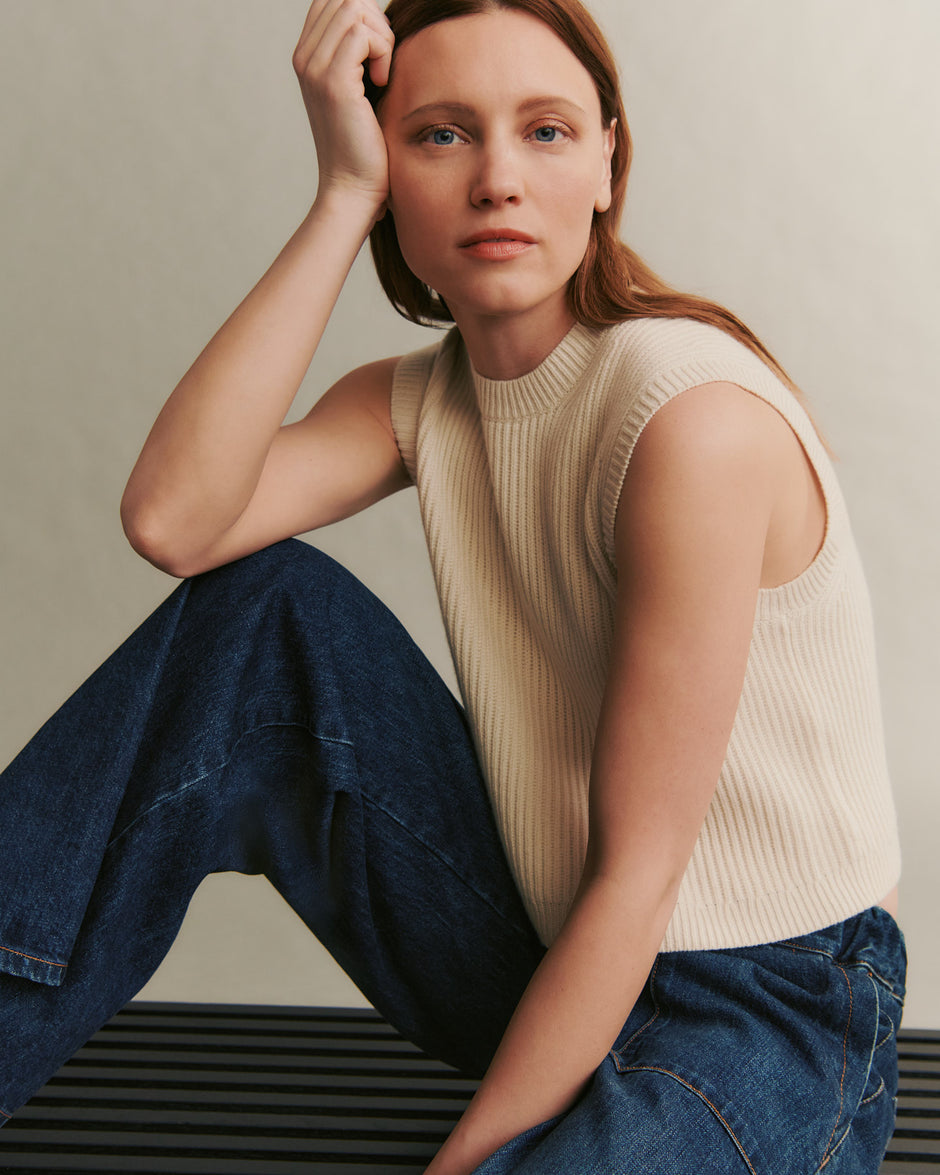 TWP Ivory Ribbed Vest in Cashmere view 5