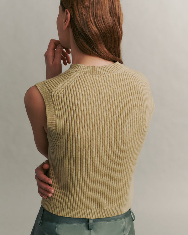 TWP Weird yellow green Ribbed Vest in Cashmere view 3