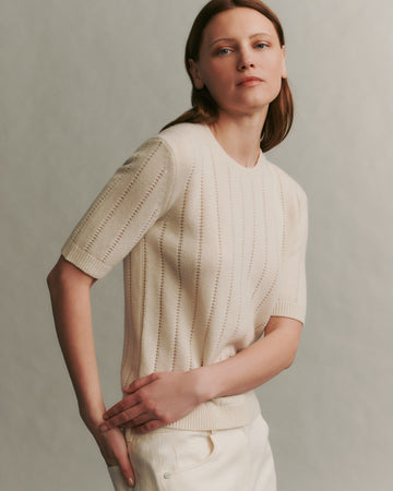 TWP Ivory Audrey Crew with Pointelle Detail in Cashmere view 3